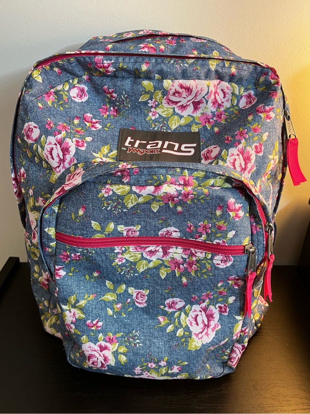 Jansport Trans Super Max Floral Denim Print Backpack in Blue and Pink